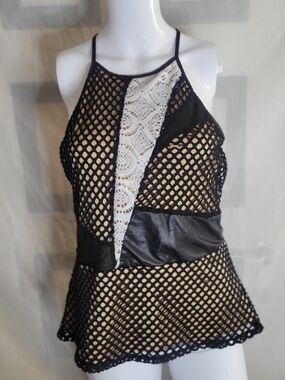 Vintage BKE Black Mesh Lace Panel Halter Camisole with White Lace Inset